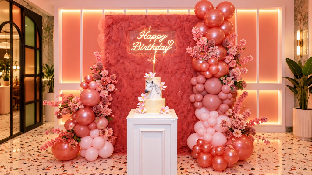 BBMix backdrop with a ruffled mauve panel, Happy Birthday neon and rose-gold balloon garlands.
