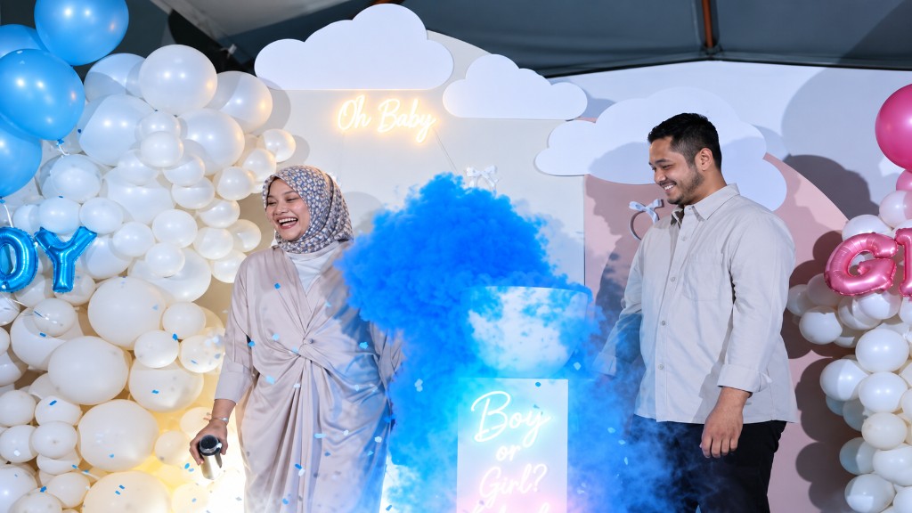 Dry Ice Reveal Package B with a Boy or Girl pedestal, a bowl of blue smoke and cloud balloon styling.