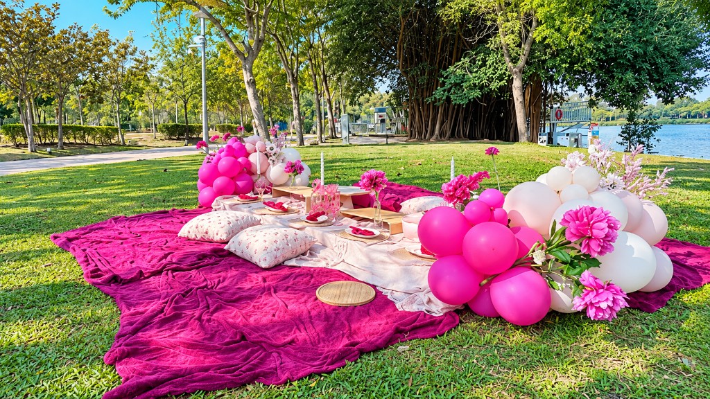 Picnic table styling with magenta and cream balloons, floor cushions and a low table by the lake.