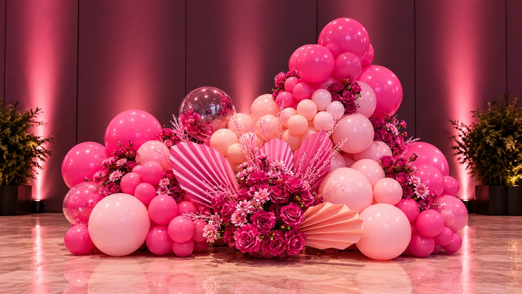 Organic pink balloon installation with floral clusters and paper fans.