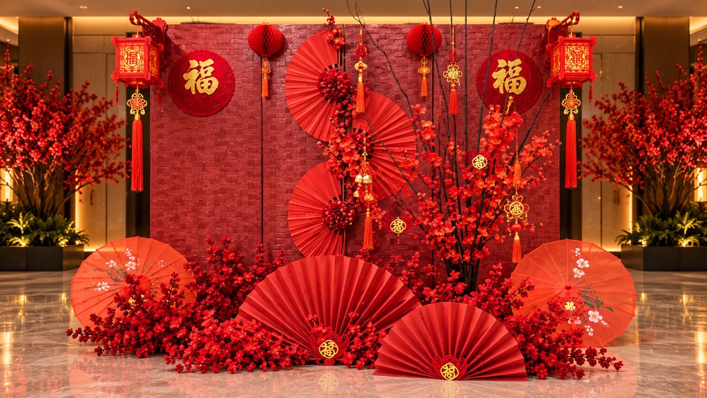 Red and gold Chinese New Year installation with fans, blossoms and Fu plaques.