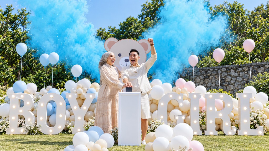 Garden gender-reveal moment with marquee letters, balloon garlands and blue smoke.