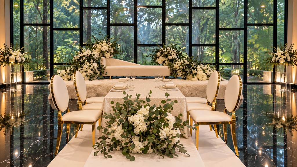 White and gold tablescape with floral pedestals, sequin linen and a forest-view venue.