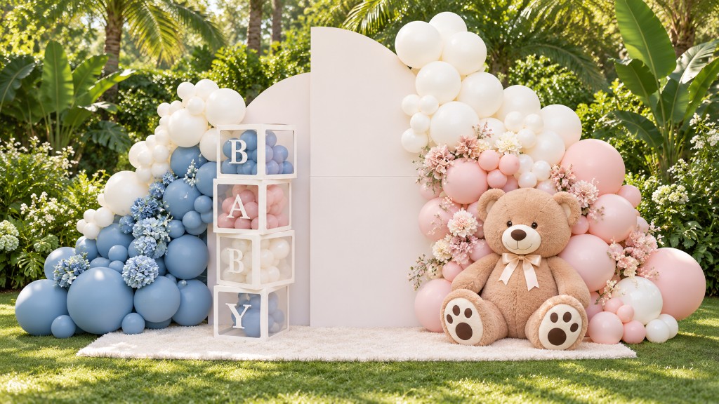 Styled rental pieces including arched panels, BABY blocks and teddy styling for a baby celebration.