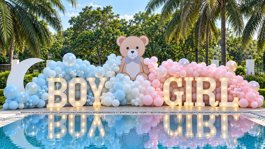 Poolside gender-reveal styling with BOY and GIRL marquee letters and organic balloon garlands.