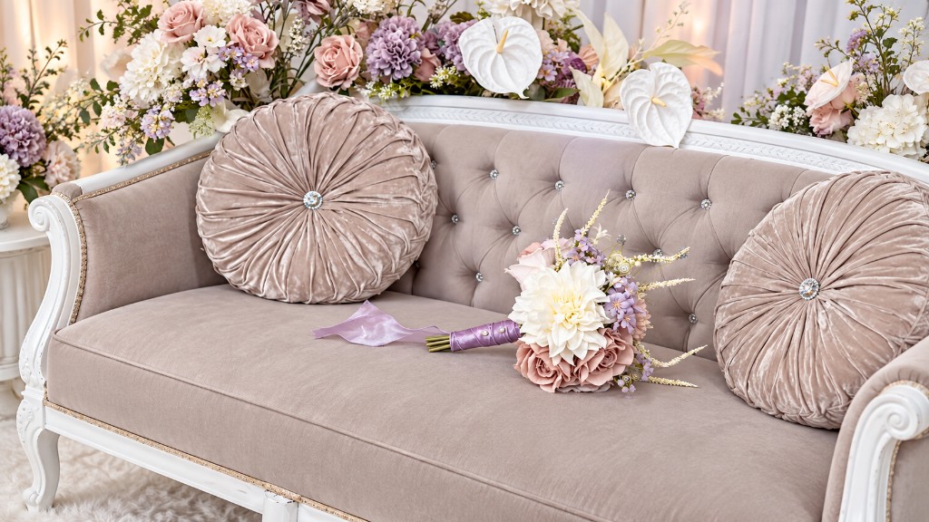 Dusty rose lounge seating with floral styling for a bridal celebration.